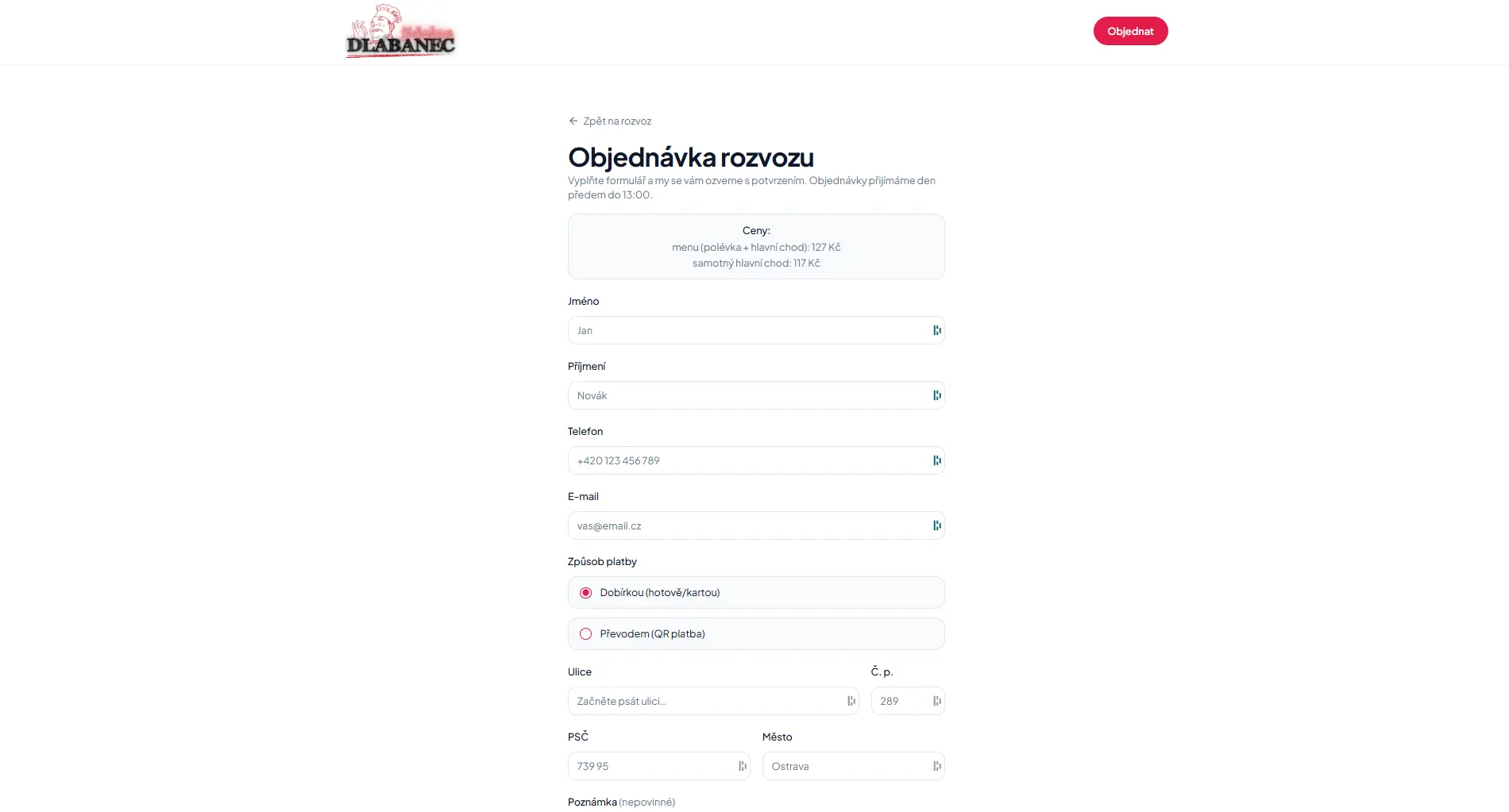 Objednávkový formulář rozvozu Jídelna Dlabanec